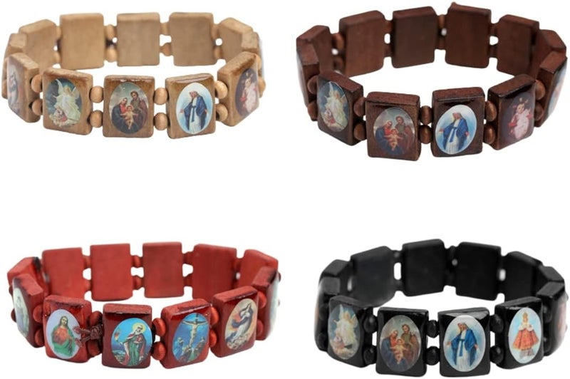 DATOA 4Pcs Wooden Jesus Virgin Mary Bracelet Saints Rosary Stretch Wooden Small Panel Bracelet Religious Saints Jesus Gift - Image 1